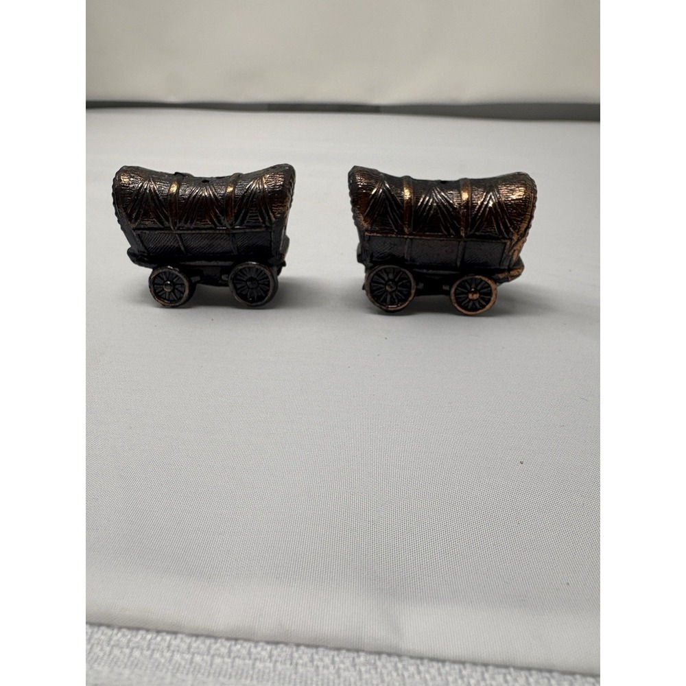 Bronze Colored Metal Covered Mini Wagon Salt and Pepper Shakers Cast Iron Japan